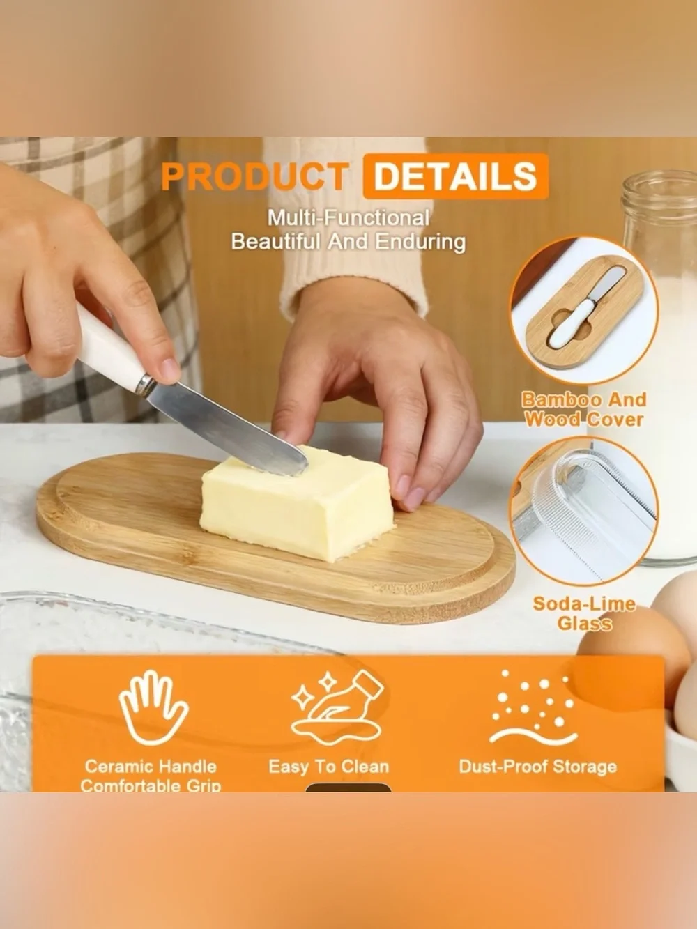 Amazon Bamboo-Lidded Glass Butter Dish with Ceramic Stainless Spreader